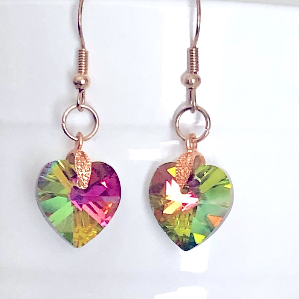 New Sparkling Glass Crystal Dangling Drop Heart Earrings Rainbow Prism Fun Gift